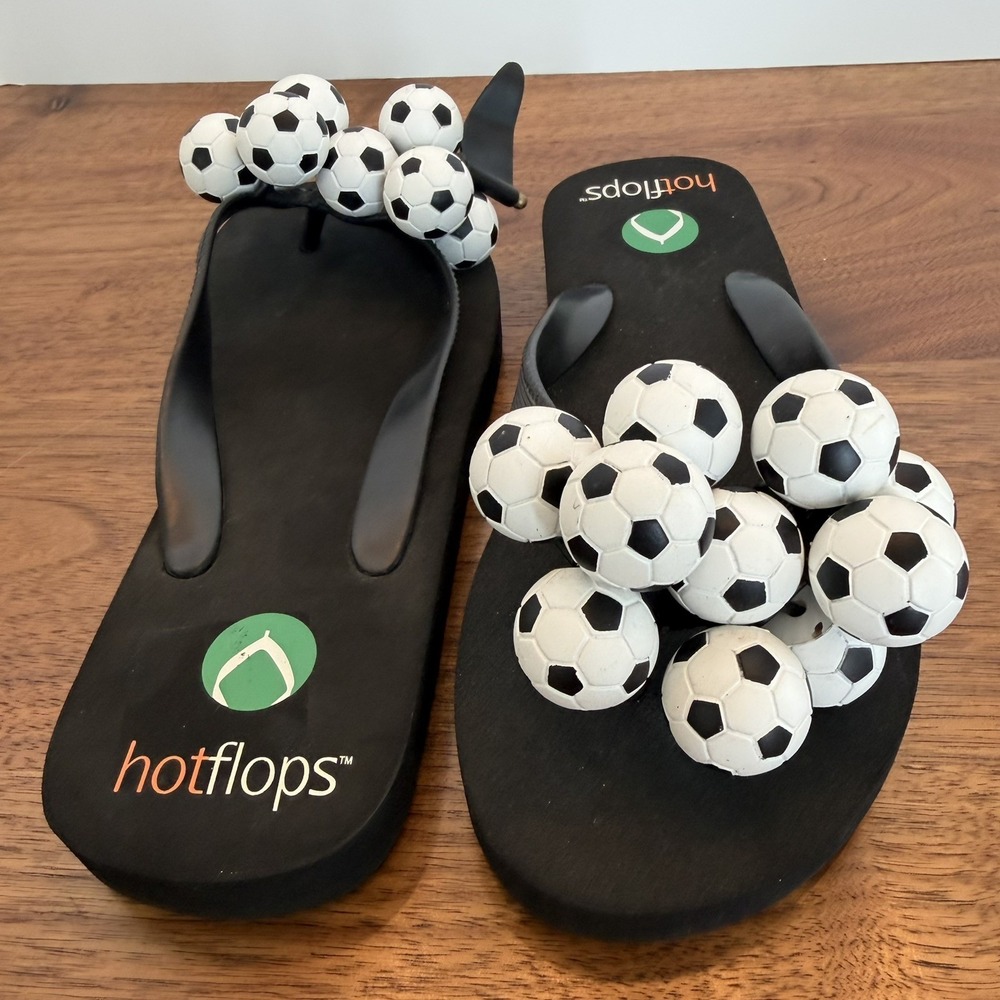 HotFlops Black Soccer Flip Flops Women's Size 7/8 Novelty 3D Summer